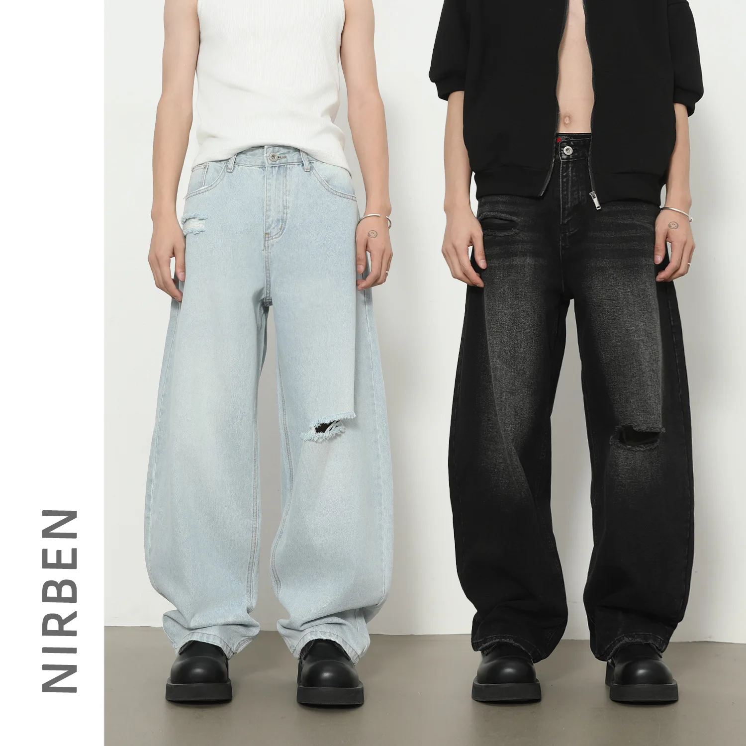 American New Ripped Machete Wide-leg Jeans Design Loose Straight Versatile Trousers