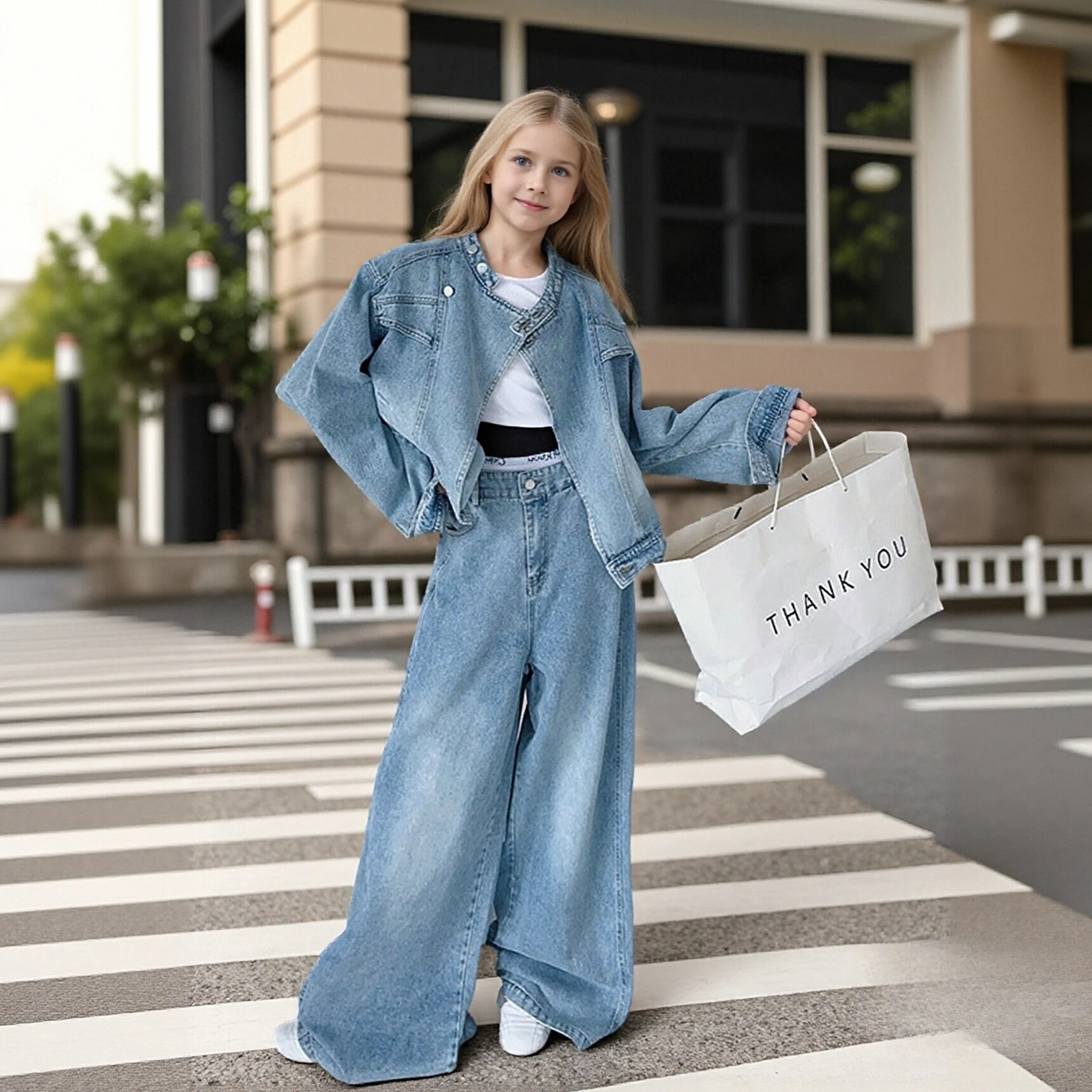 

Комплект джинсовой одежды для девочек-подростков, синяя куртка + широкие джинсы, комплект из 2 предметов, школьная детская одежда, повседневные модные детские костюмы для детей 8 10 12 лет