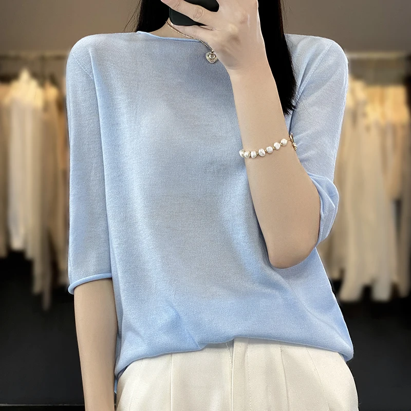 

2024 Spring/Summer Fine Wool Short sleeved Women's Round Neck Curled Knitted Bottom Shirt Thin Loose and Simple Top T-shirt