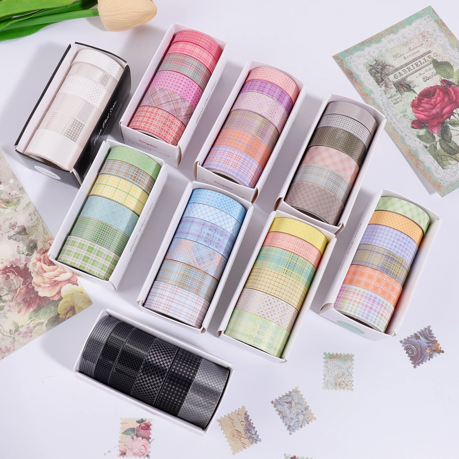 Plaid PET Decorative Tape Set, Grid Pattern Adhesive Tape for Scrapbooking, Journaling, Planner, Card Making and Gift Wrapping