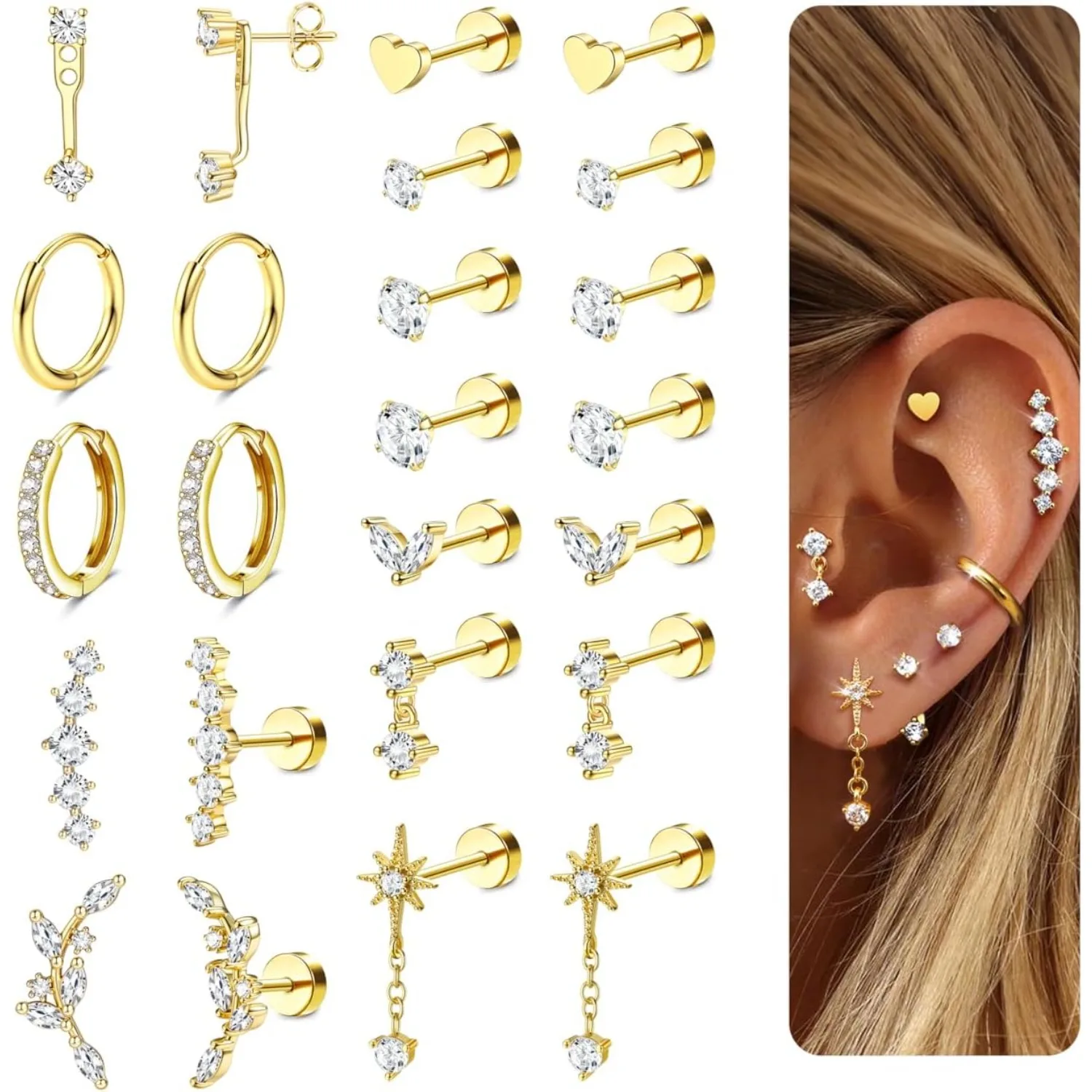 Florideco 1/12Pair Flat Back Cartilage Earring for Woemen Surgical Steel Stacks Stud Hoop Earring Helix Piercing Jewelry