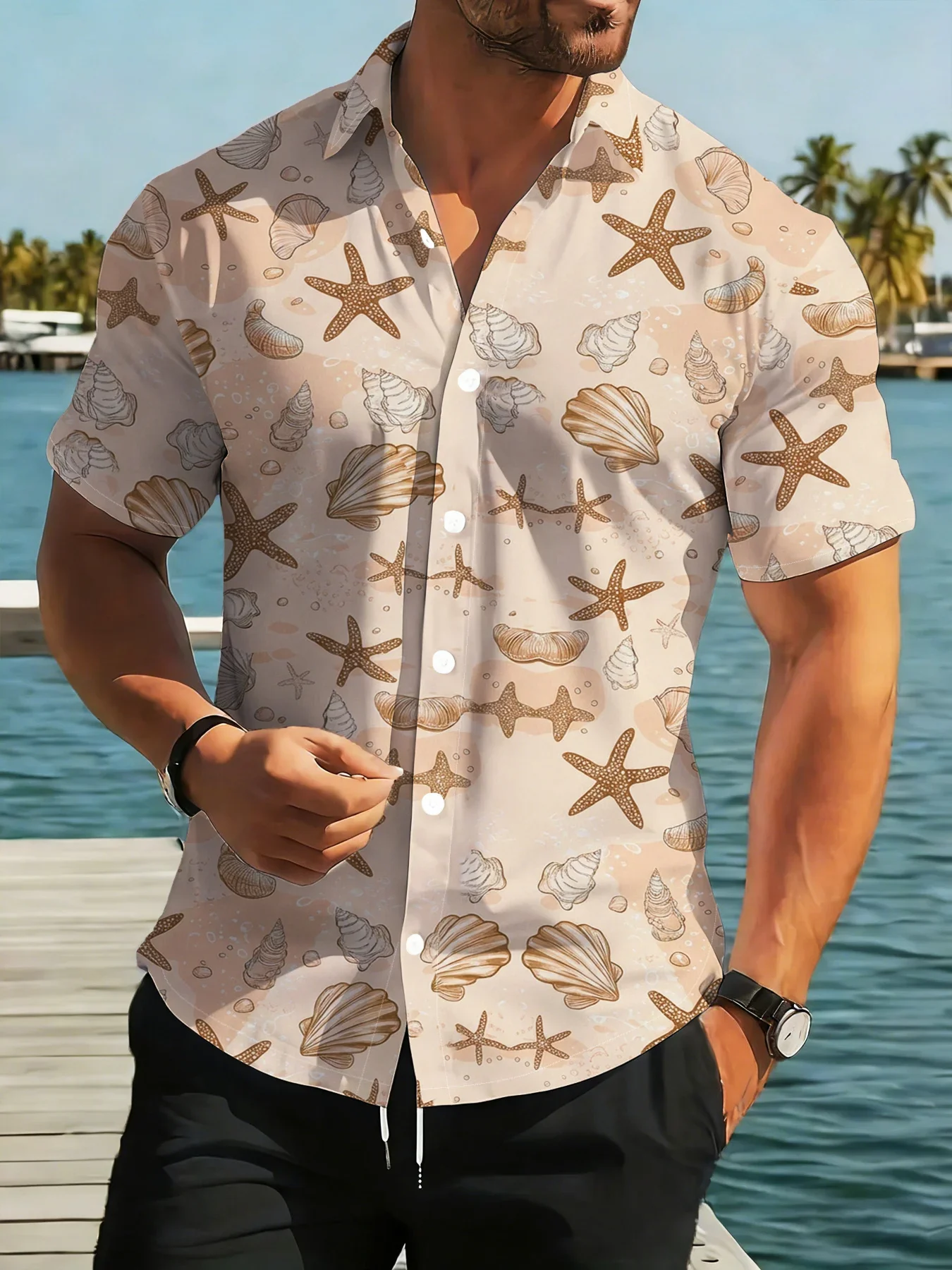 Men's Stylish High Street Hawaiian Shirt Summer Man Short Sleeve Bold Graphic Print Comfortable Beach Party Wear For Young Males