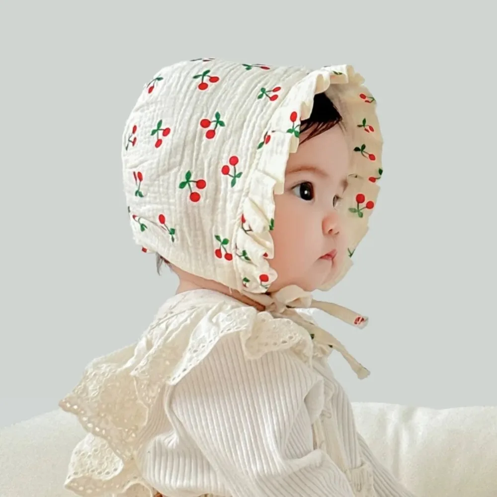 

Ruffles Korean Baby Fetal Cap Flower Cherry Print New Newborn Sun Hat Princess Soft Cotton Infant Beanie Cap 2-12 Months