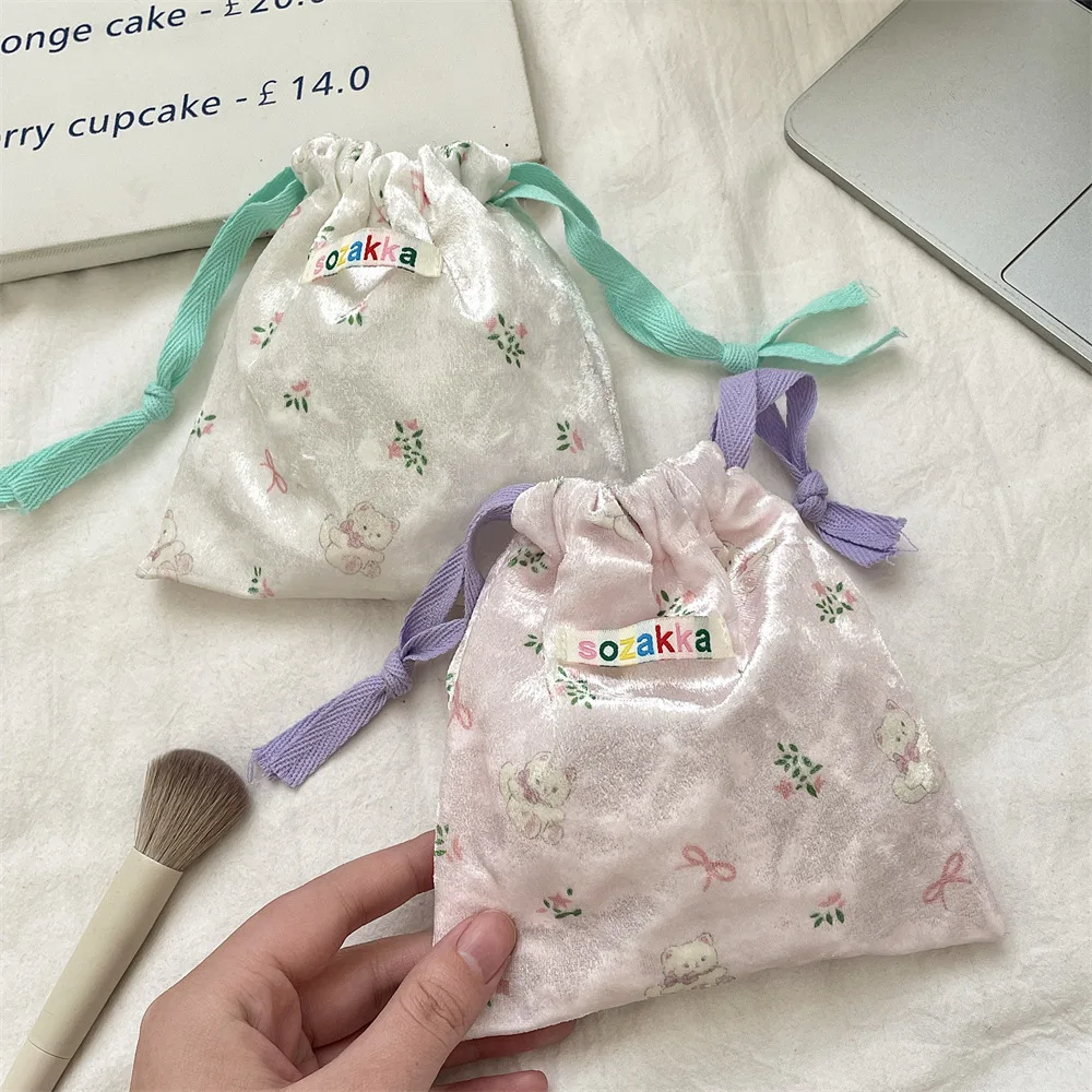 Cute Corduroy Coin Key Earphone Data Cable Drawstring Storage Bag Girl Jewelry Lipstick Mini Cosmetic Tote Rope Pouch String Bag