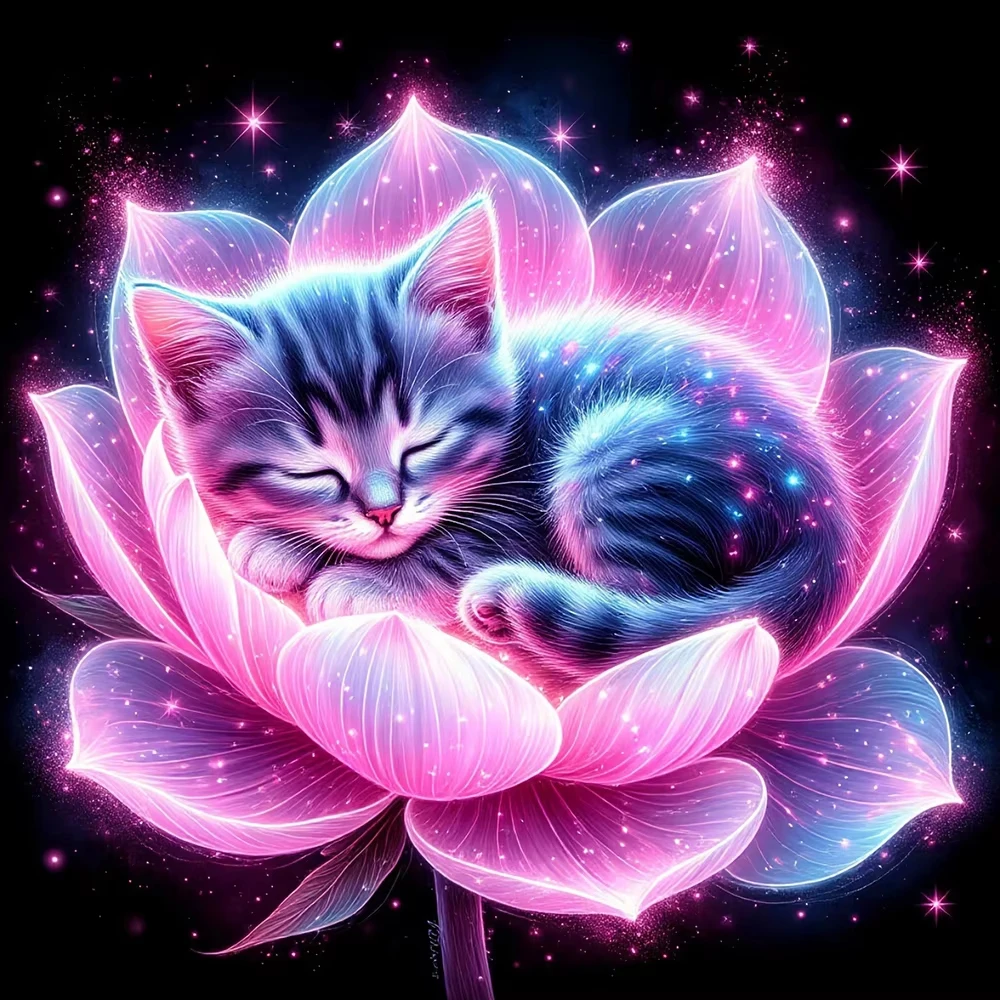 

DIY Glowing Lotus Sleeping Tabby Kitten Jigsaw Puzzle, Neon Pink Flower Galaxy Cat Fantasy Art High Quality Perfect Home Decor
