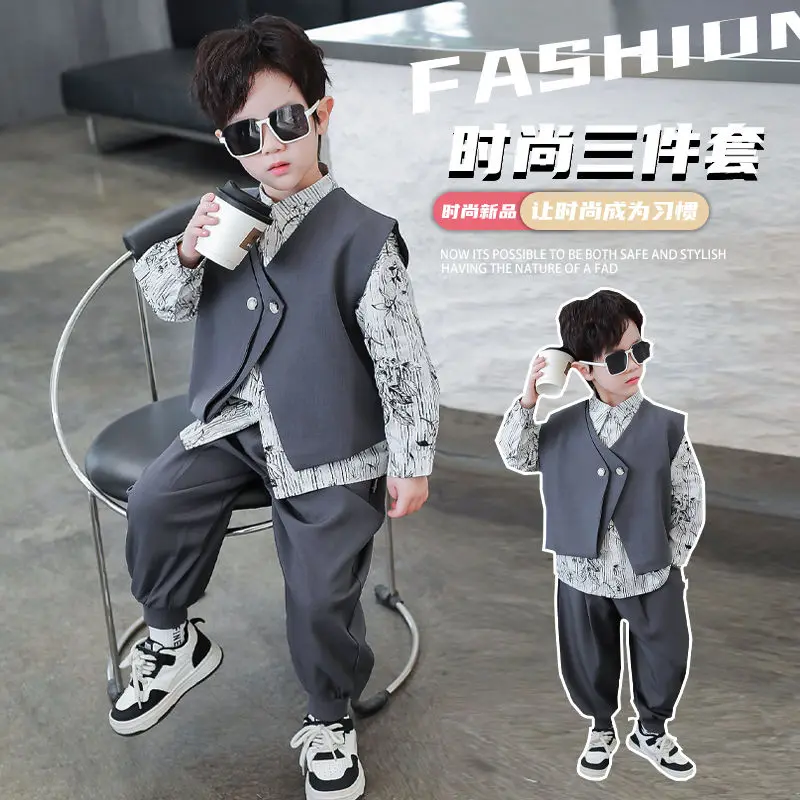 3 PCS set Spring Autumn Boy Clothing Casual vest+Floral Shirt+Pant Kid Children baby toddler boys Handsome Gentleman clothes
