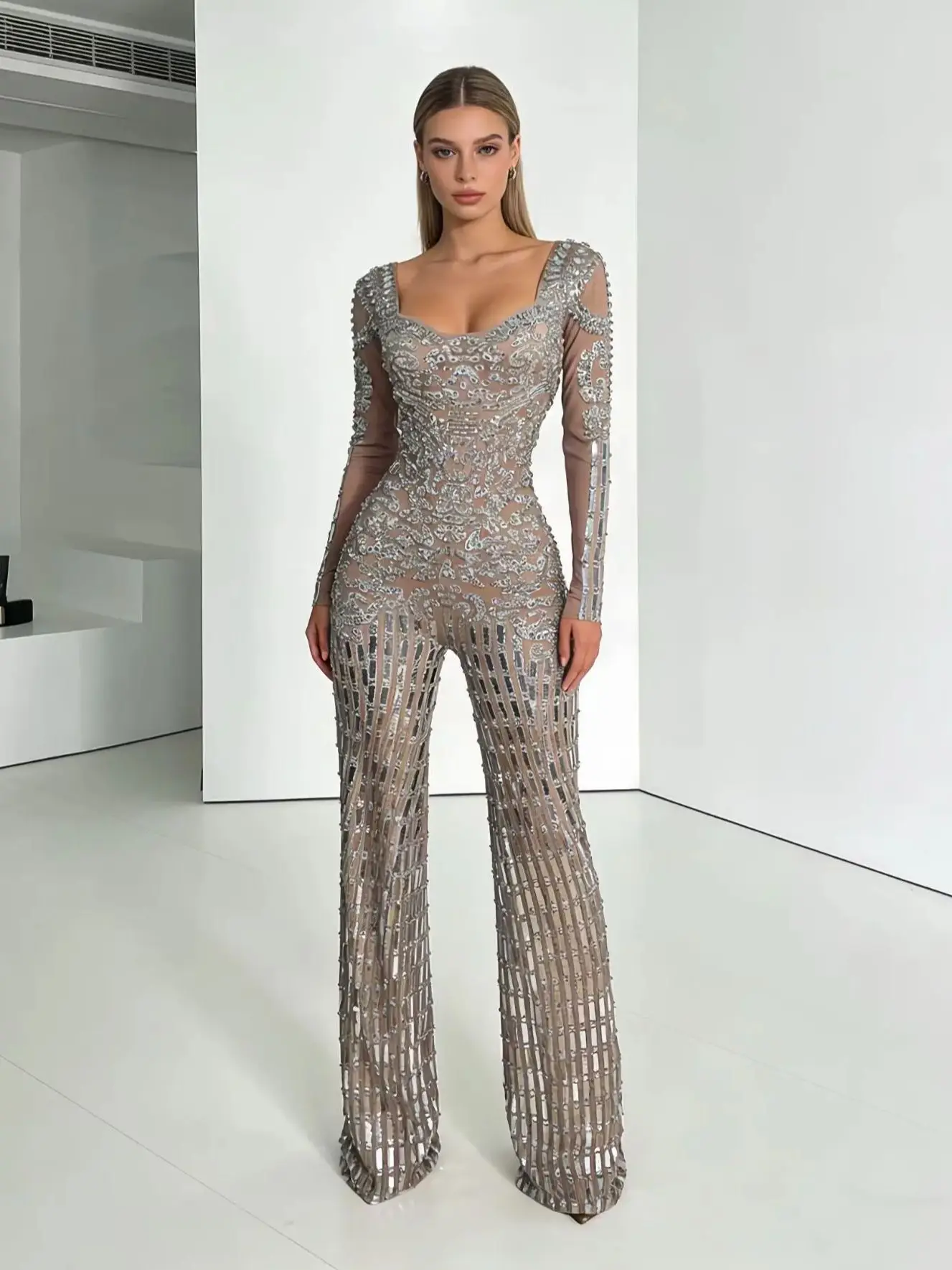 

Women Sexy Sparkly Rhinestones Bodycon Jumpsuit Long Sleeve Stretch Evening Party Singer Dancer Performance Stage Costume