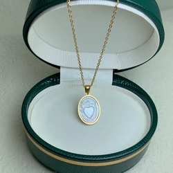 New Stainless Steel Necklace For Women Vintage Oval White Sea Shell Sacred Heart Pendant Charm Necklace Female Jewelry