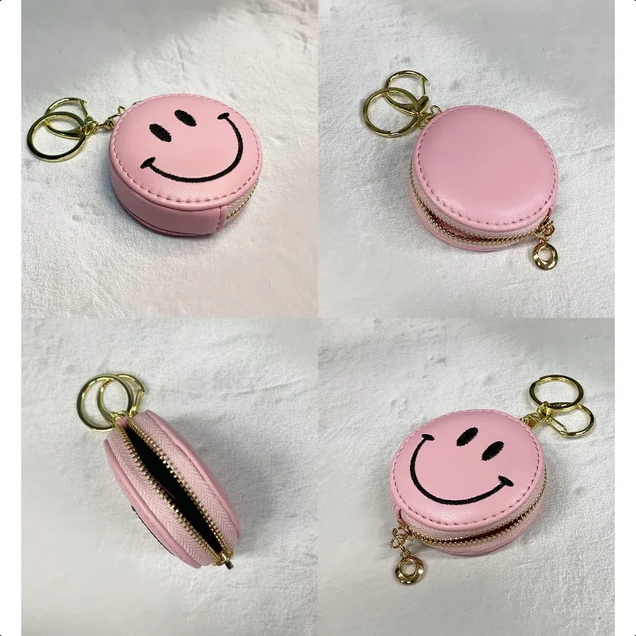 Cute Happy Face Positive Smile Zipper Coin Wallet  with Keychain Soft Synthetic Leather Attached Key Ring Pink