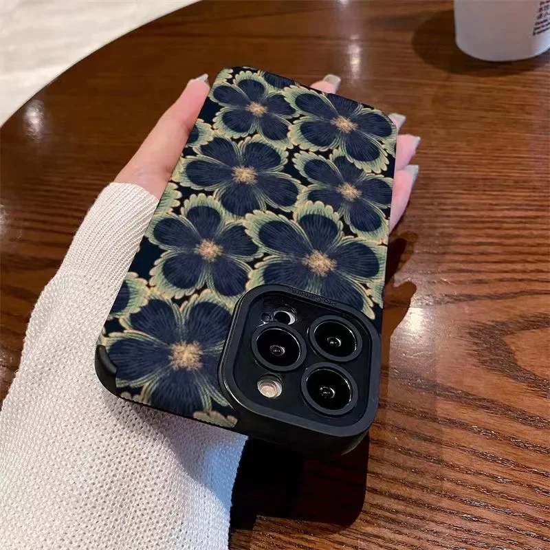 Funda de teléfono con flores verdes y negras, carcasa a prueba de golpes para IPhone 11, 12, 13, 14, 15, 16 Pro Max, 16 Pro Max