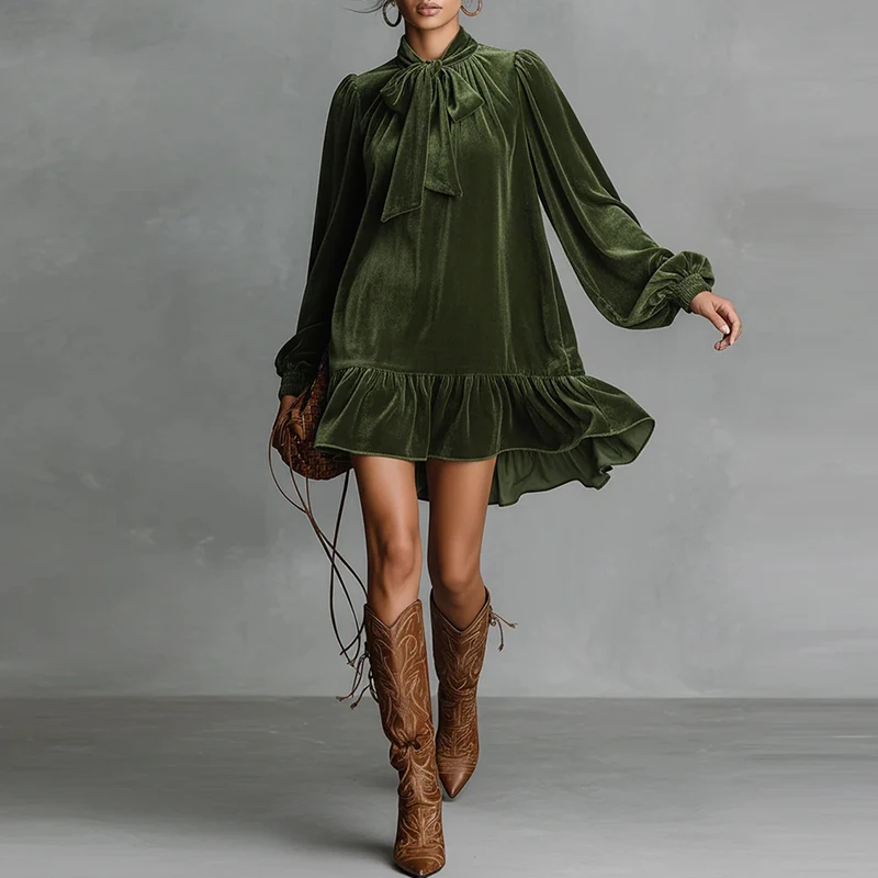 Damska codzienna sukienka z kokardą przy dekolcie, rozkloszowana, plisowana, wiosenna sukienka mini z aksamitu w stylu retro, jesienne luźne sukienki boho z długim rękawem.