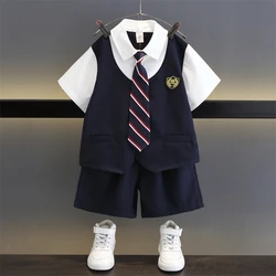 Two piece summer suit set for boys and girls, British style children's fake two piece thin short sleeved shorts, college style s