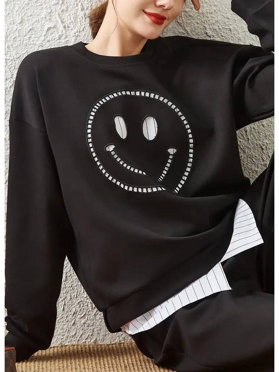 LOUIS YAO Women Sweatshirt Two Pieces Set 2024 Spring Round Neck Long Sleeve Fake Two Pieces Casual Cropped Pants Set