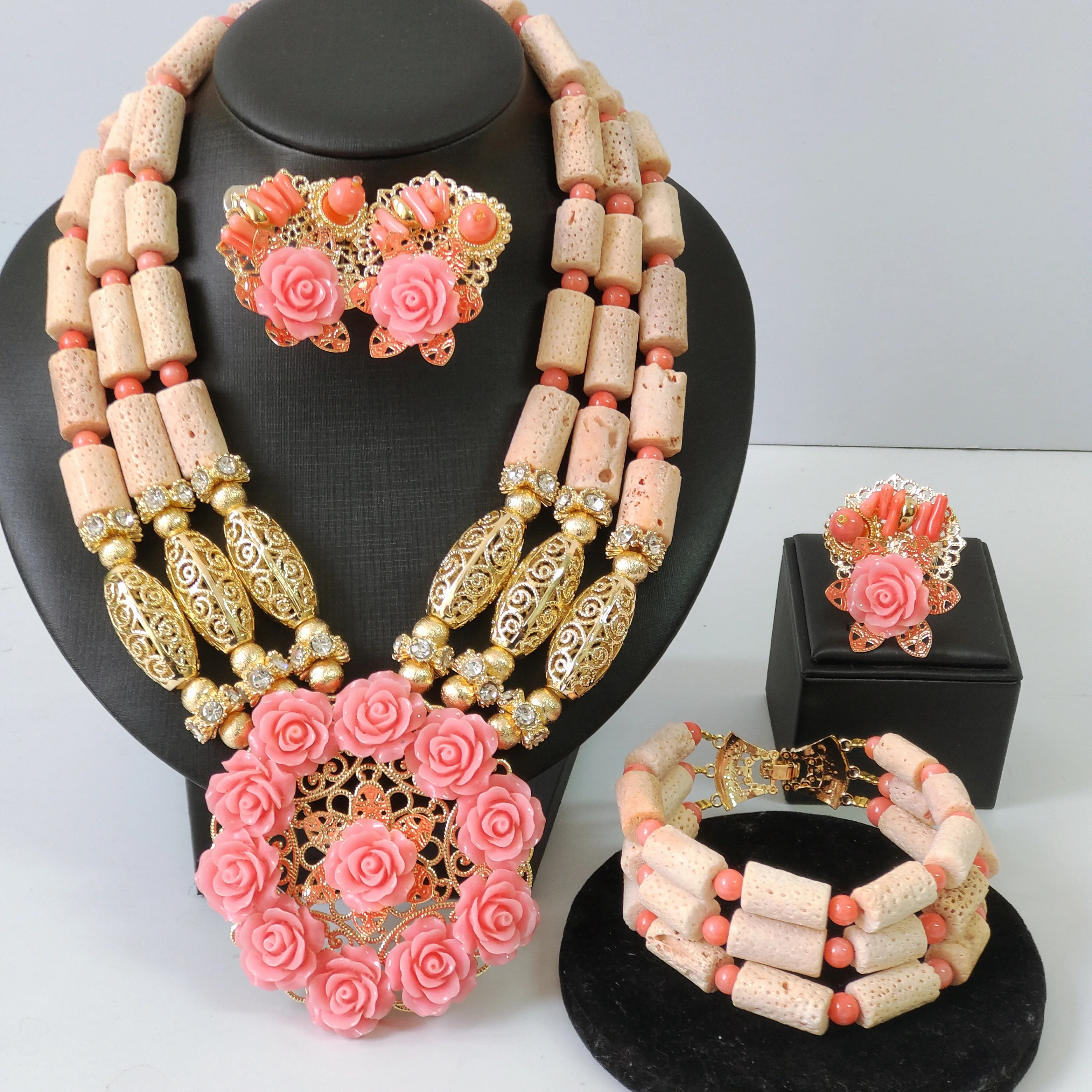 

Fashion Flower Necklace Pink Coral Bead Jewelry Set for Woman Nigerian Wedding