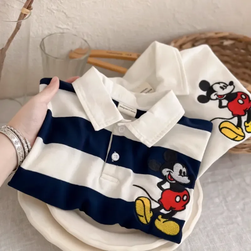 2024 Kids Clothes T-Shirt Summer Baby Boys Girls Mickey Mouse Stripe Lapel Short sleeve Polo shirt Children Cartoon Cotton Tops