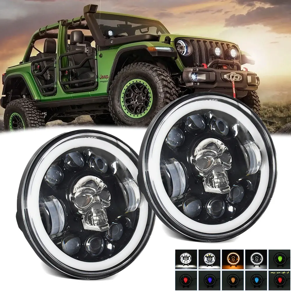 7inch Light Angel Eye DRL Led Fog Headlight Colorful Skull Hair 4x4 Tuning for Jeep Motorcycle Lighthouse for Jeep Wrangler TJ