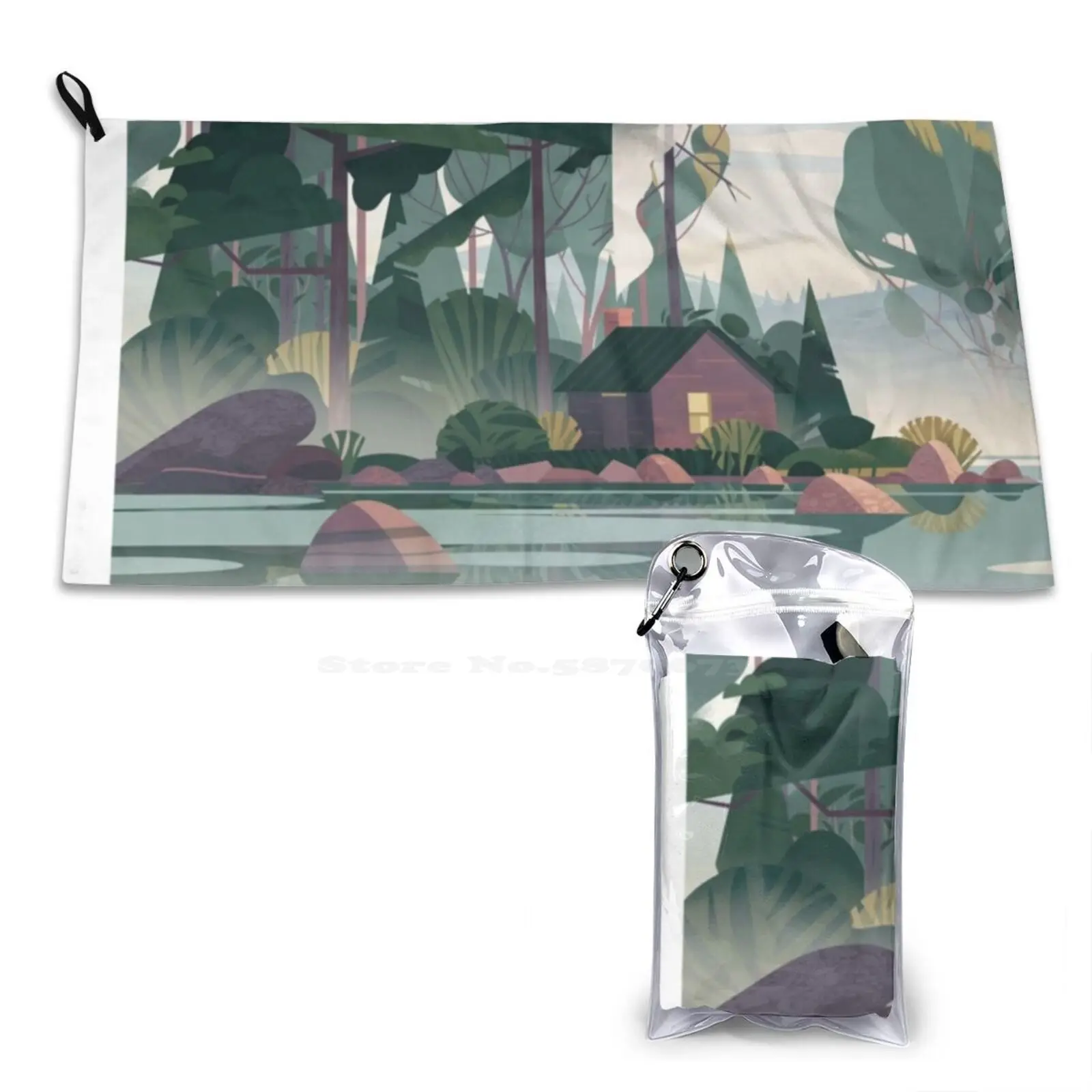 Cabin In Forest , Blue Sky , Rocks And Lake Personalized Soft Towel Home Outdoor Views 10 Drake 9 Travel 7 Summer 6 Adventure 5