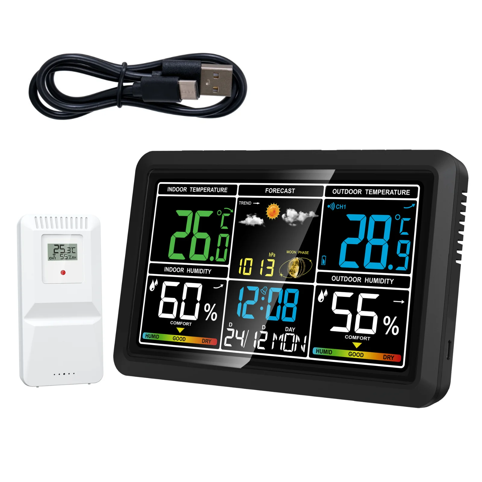 7.5 Inch Color Display Weather Clock with Indoor Outdoor Thermometer Hygrometer Barometric Pressure & Moon Phase for Home Office