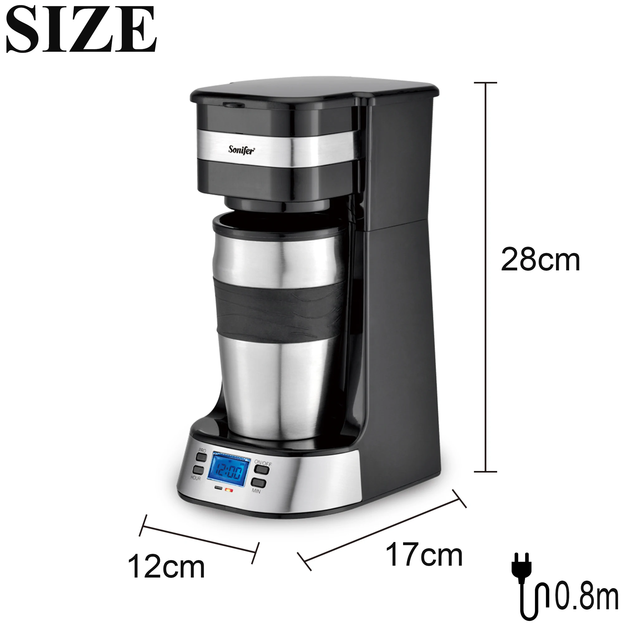 Sonifer-cafetera de goteo con filtro LCD y temporizador, máquina de café doméstica de 750W, taza de automóvil de 15cm, 0,42 L