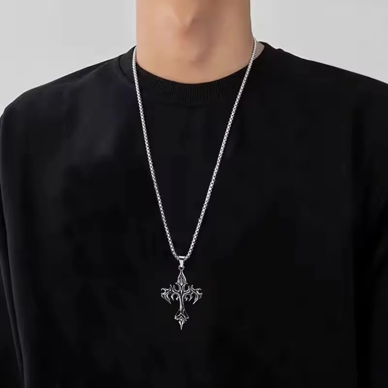 Unique Design Stainless Steel Flame Cross Pendant Necklace Goth Necklaces Gift for Women Men Hip Hop Fashion Retro Jewelry