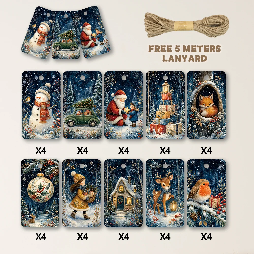 40pcs, Gift Tags, Vintage Fairy Tale Christmas, Hanging Paper Labels for Gift Wrapping, Holiday Party Decor with String