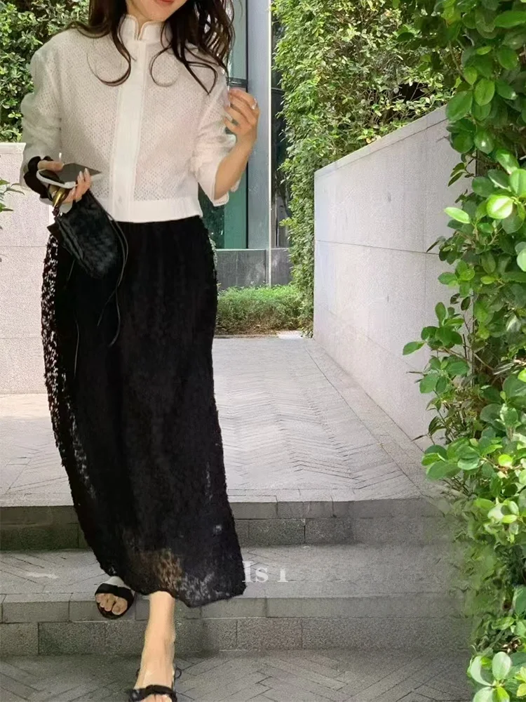 

New Chinese Sle Versatile Embroidered Hollow Design Stand Collar High-End White Long Sve irt Mid-Length f Skirt Women