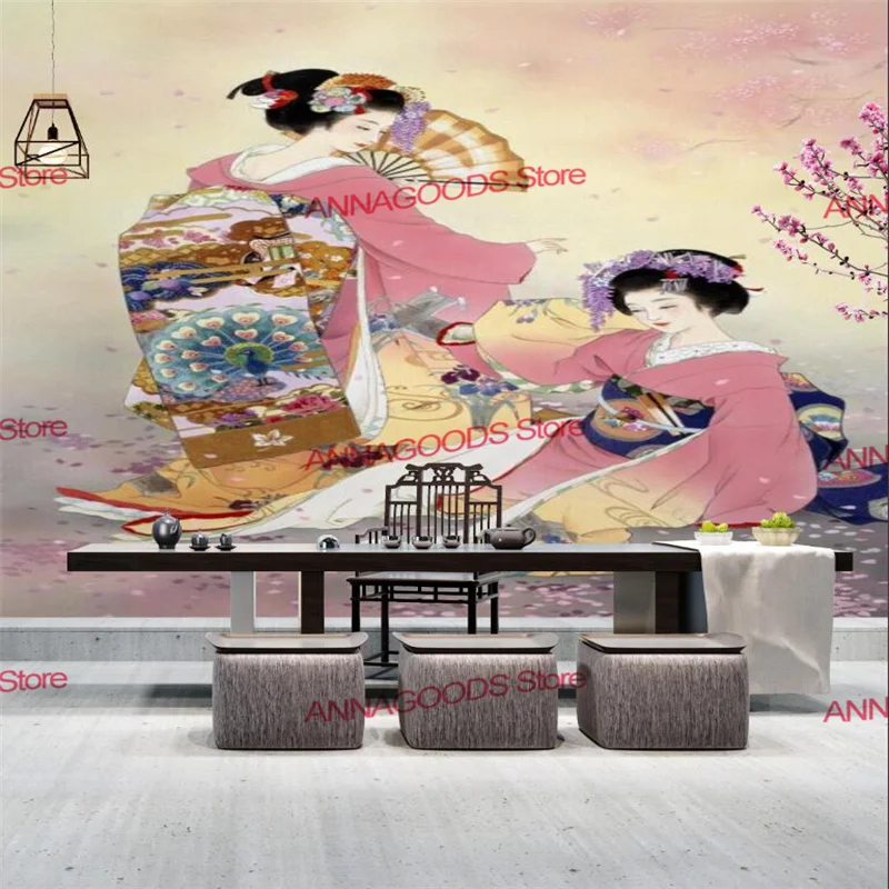 Custom Japanese Ukiyo-e Sakura Geisha Mural 3D Sushi Restaurant Izakaya Wall Paper Tatami Decor Wallpaper Papel De Parede 3d