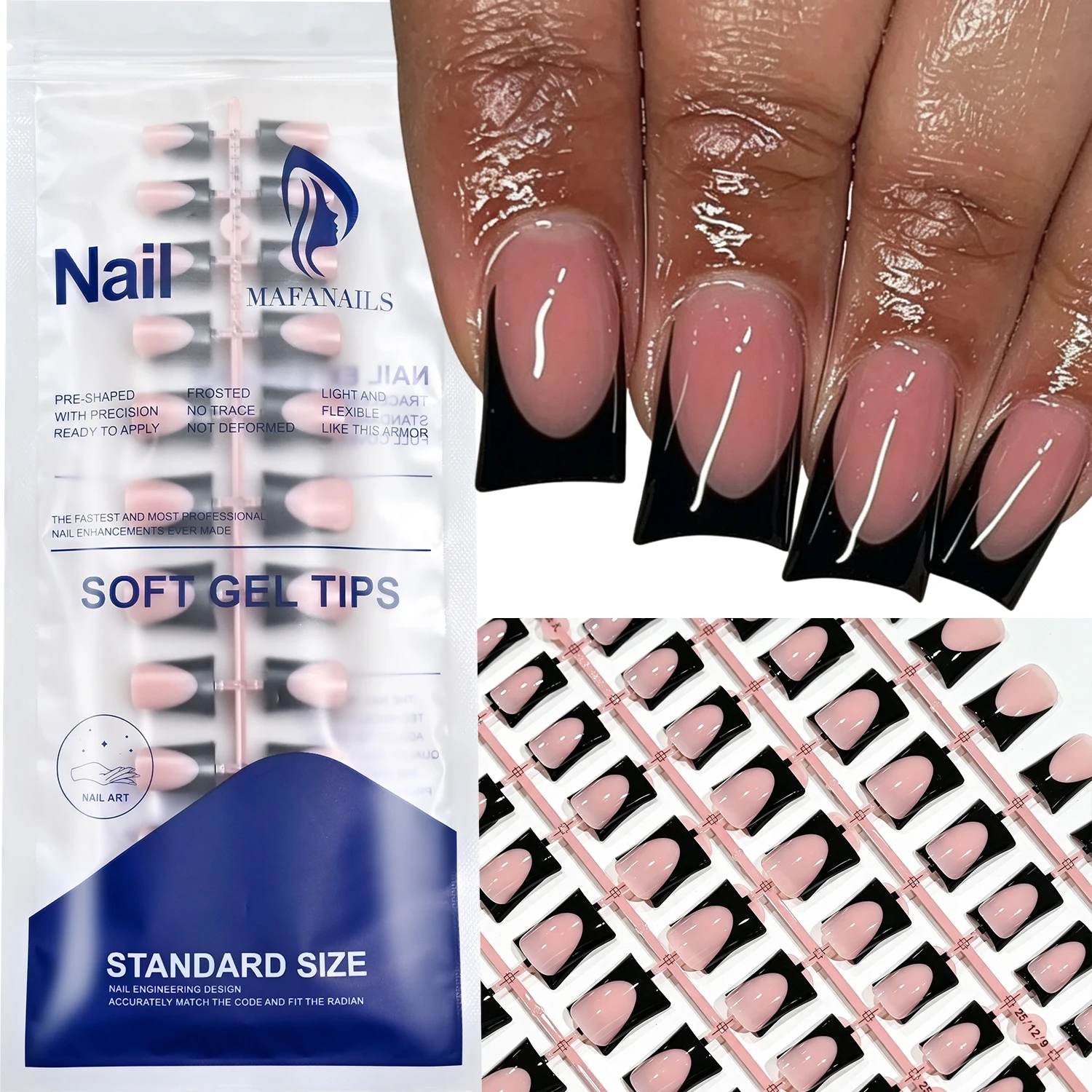 120 Stück glänzend schwarze französische Entennägel, Nude Medium Enten-French-Tips, Press-on-Nägel, 12 Größen, vollständige Abdeckung, wiederverwendbare Kunstnägel – Detail 1