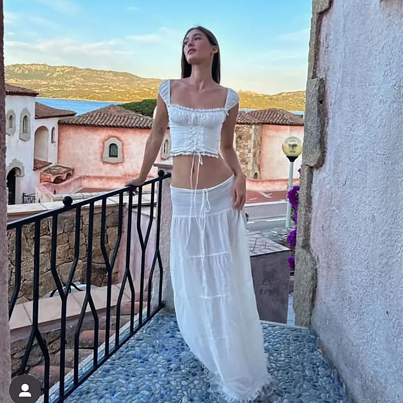 Elegant White Maxi Skirt Sets For Women 2 Pieces Summer Beach Outfits Crop Top And Long Skirt Holiday Outfits For Women 2024