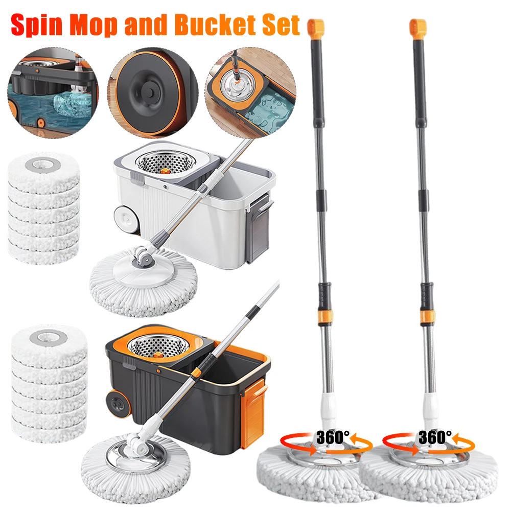 

Spin Mop Bucket Set with 6 Extra Refills Heads Extended Handle Hand-Free Automatic Dehydration Microfiber Floor Cleaner for Home