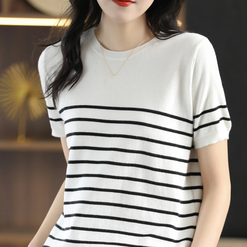 Women O-Neck Striped Knitted Blouse Short Sleeve Knitted Sweater Shirt Slim Fashion Pullover Shirt Female