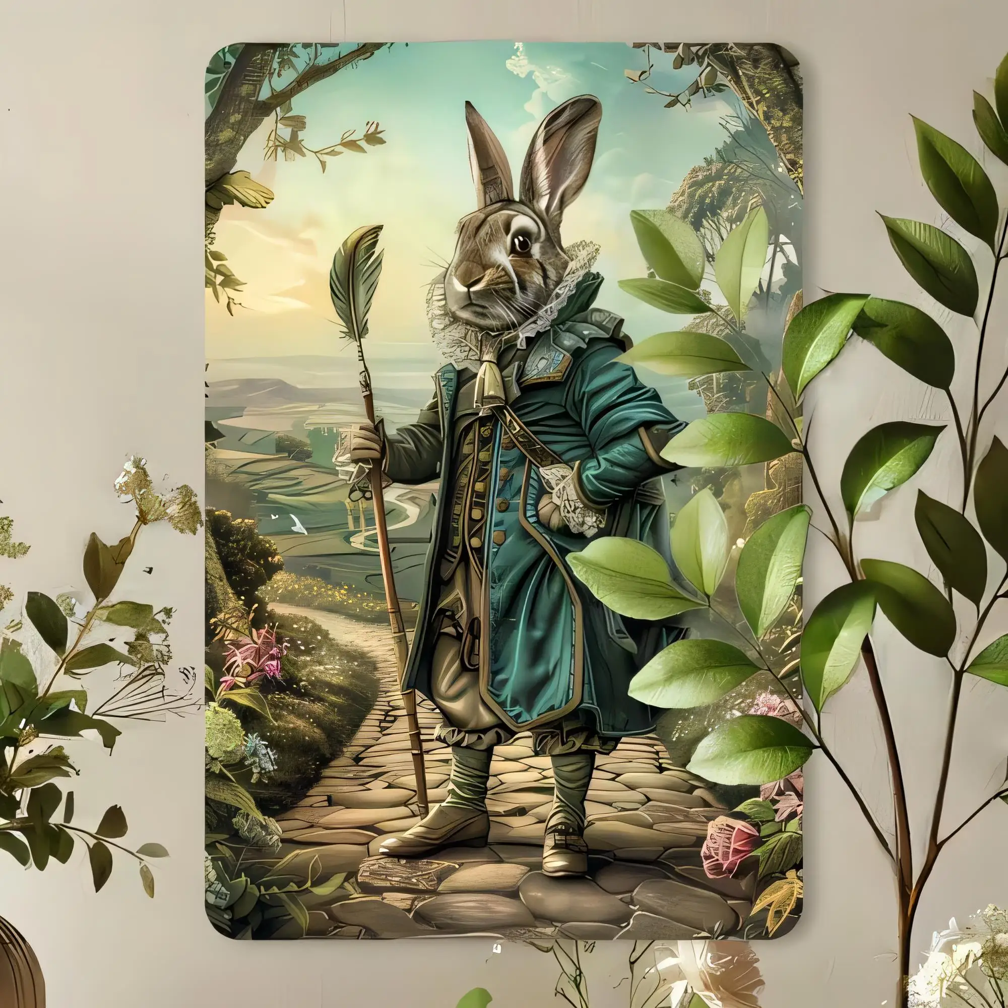 Tin Sign Vintage Rabbit Hunter in Green Cloak Holding Gun Fantasy Woodland Garden Wall Decor Metal Sign Outdoor Farmhouse Rustic