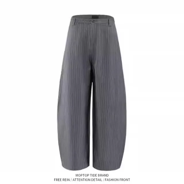 

American Style Grey Stripe Men's Wide Leg Pants Spring Summer Drape Loose Straight Cut Suit Trousers Casual Business Style