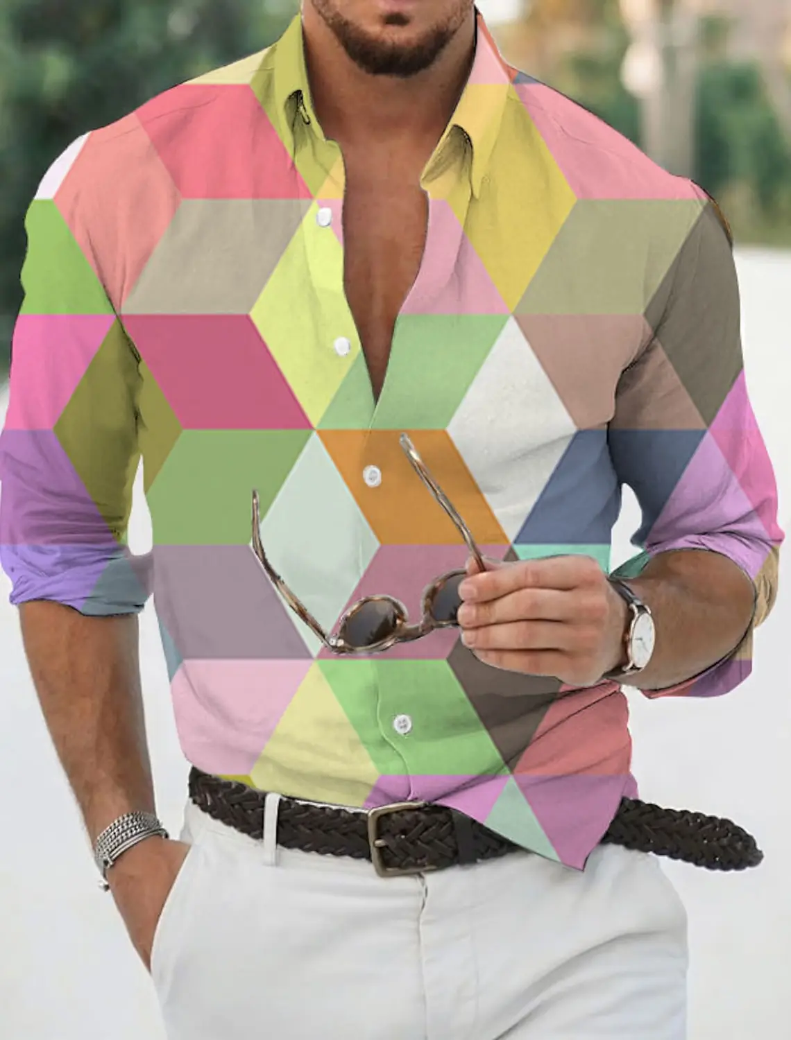 Camisa con estampado geométrico para hombre, ropa de calle de manga larga con botones, diseño de moda Tropical