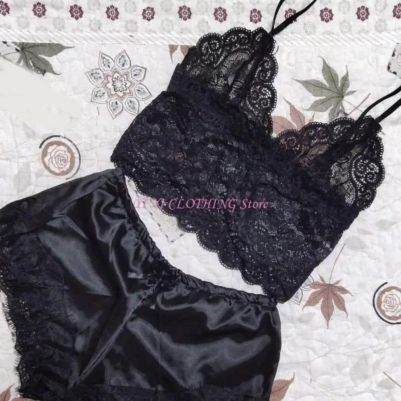 N5KF Womens 2Pcs Lace Cami Crop Top and Satins Shorts Lingerie Pajamas Set Sleepwear