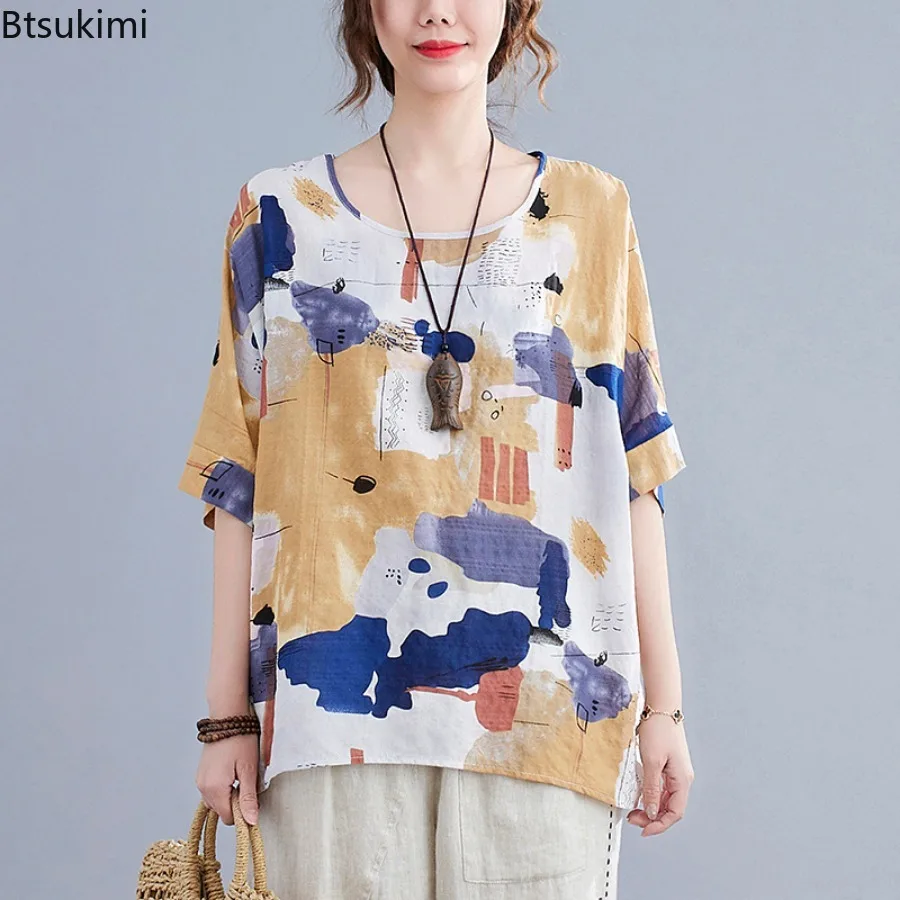 2024 Oversized Women Clothing Vintage Striped Print Loose Casual O-neck T-shirts Summer Batwing Sleeve Cozy Versatile Women Tops