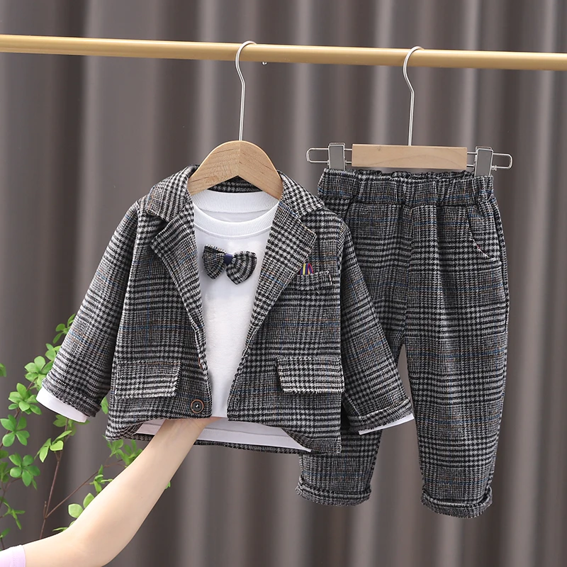 Children's Spring Suit Handsome Boys Suit Three-piece Set 2023 New Baby Kids Plaid Casual Clothes Foreign Coat + T-shirt + Pants