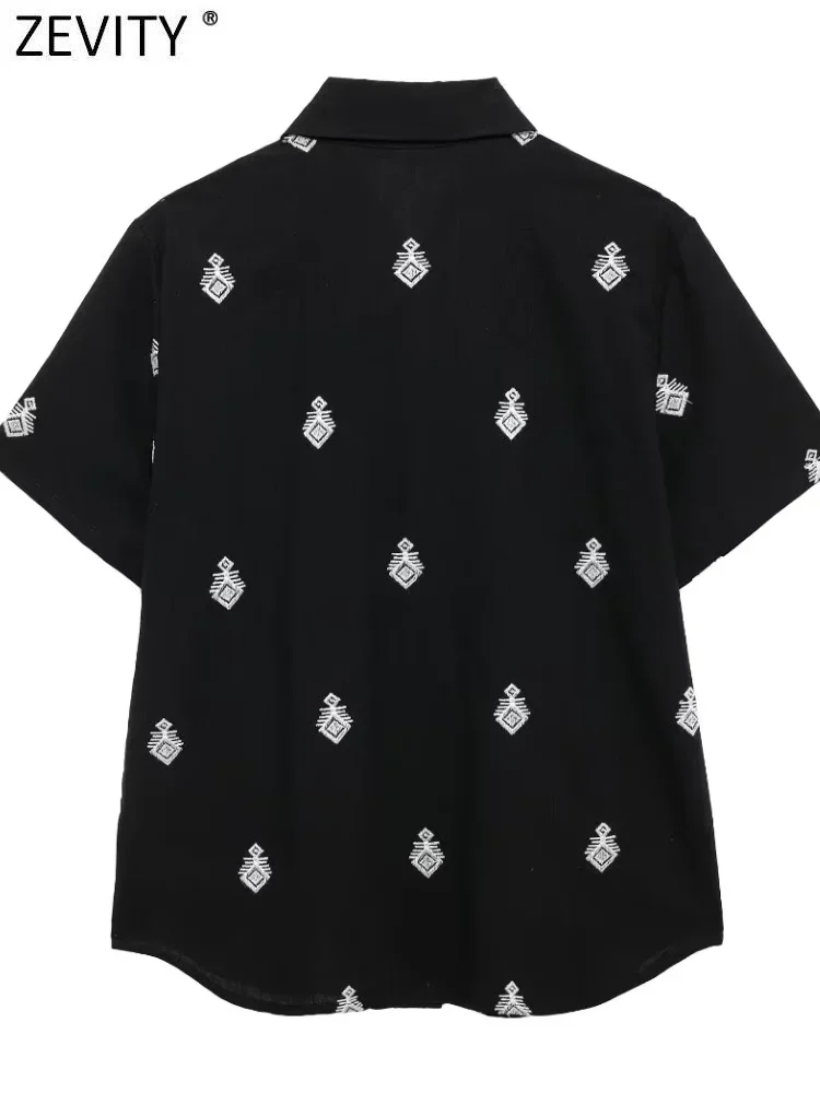 Zevity New Women Fashion Geometric Embroidery Kimono Blouse Office Lady Chic Short Sleeve Retro Shirt Chemise Blusas Tops LS6246