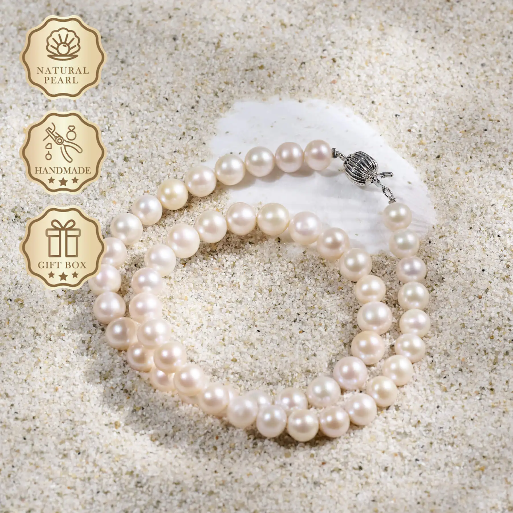 

MYSOYA Natural White Freshwater Pearl Necklace 7–8mm with Silver Lantern Clasp, Gift Box, Elegant Jewelry for Birthday Gift