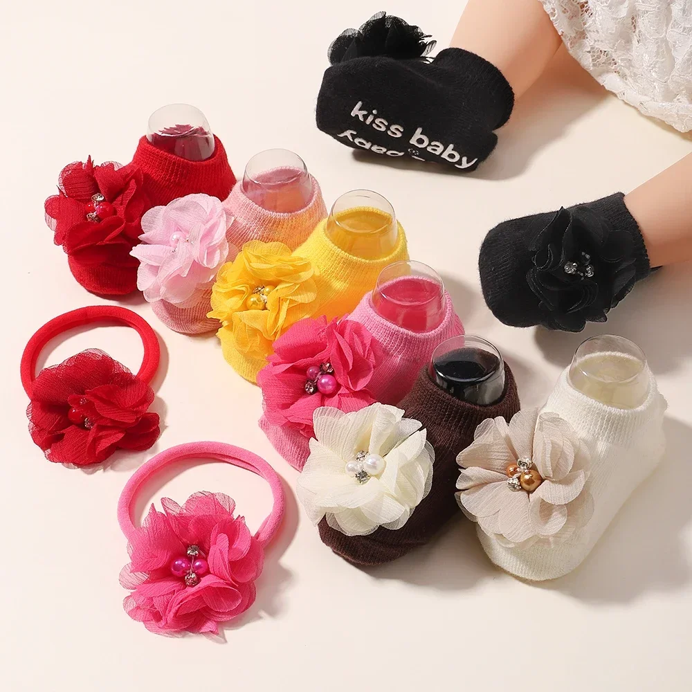 

3Pcs/Set Pure Cotton Baby Headband Non Slip Socks Set Hundred Days Newborn Flower Turban Handmade Children Hair Photo Props