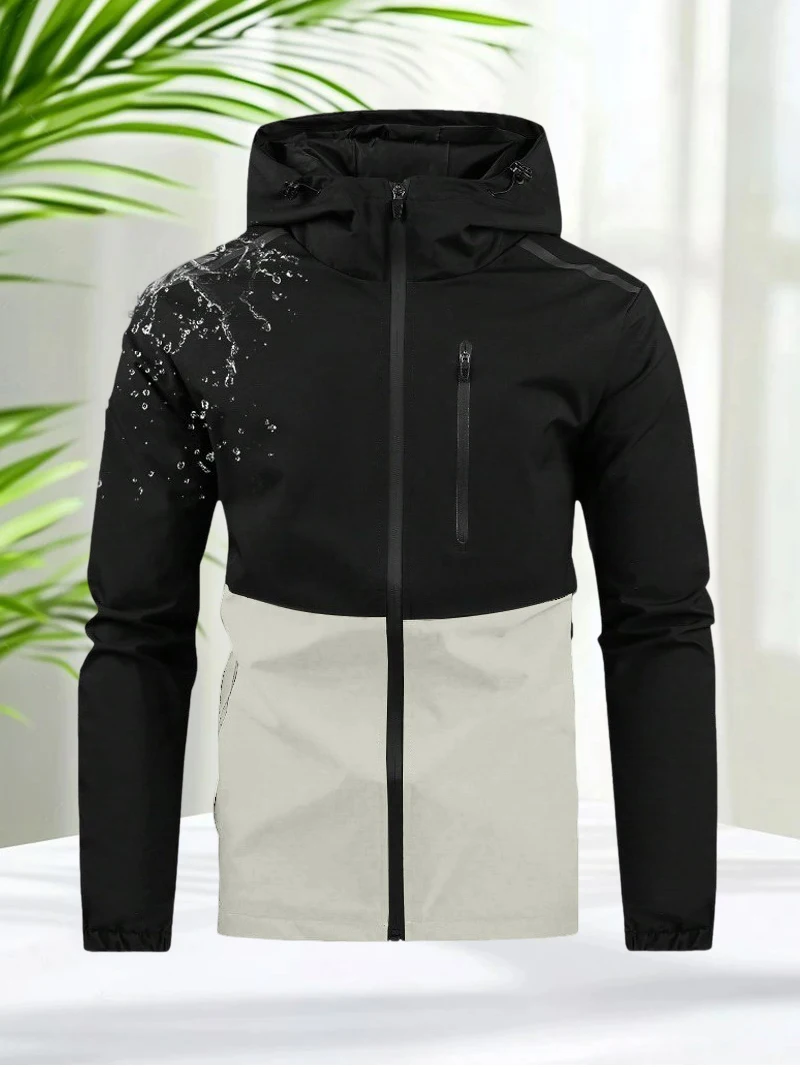 

Men’s Outdoor Waterproof Color Block Jacket Hooded Windbreaker Lightweight Sports Coat for Hiking Camping Running Cycling Travel