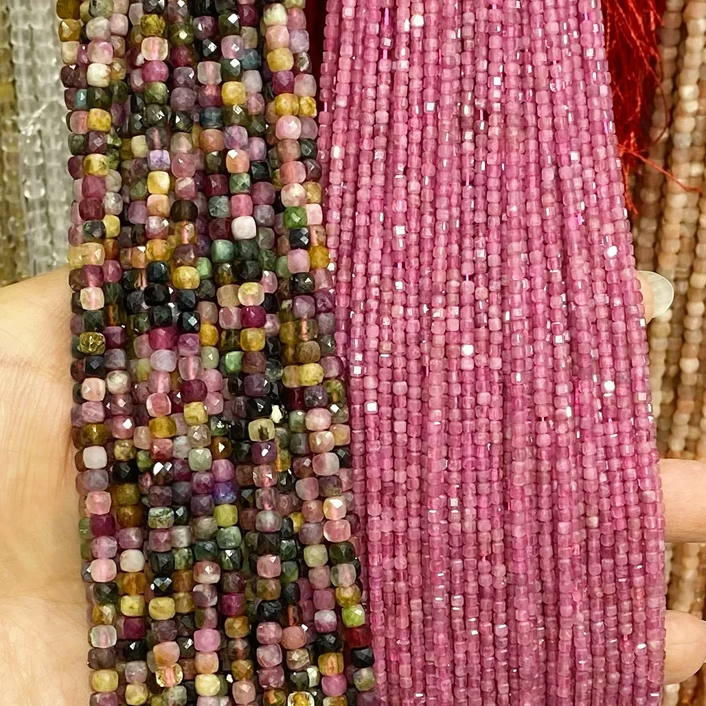 Natural Color Tourmaline Square Facted Cube Loose Beads Women DIY Jewelry Making Bracelet Necklace Fashion Trendy Crystal 38cm