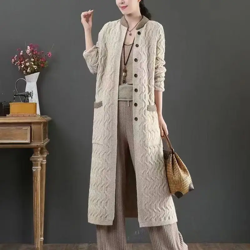 Women\'s Autumn Winter Fashion Standing Collar Pocket Button Splicing Versatile Long Sleeved Slim Fit Sweater Knitted Cardigan