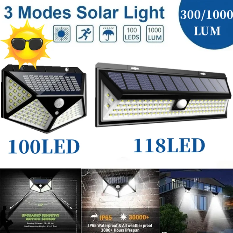 Lâmpada solar multifuncional com sensor de movimento, luz solar impermeável, luz de parede, luz do jardim ao ar livre, luz do pátio, 100 LED, 118LED