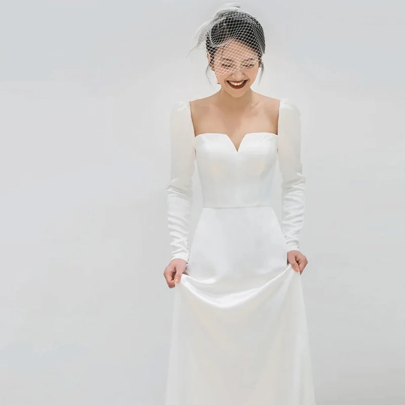 Simple And Lightweight Wedding Dress With Satin Long Sleeves Forest Style Slim Fit Dress Long Style Outdoor Veil Customized