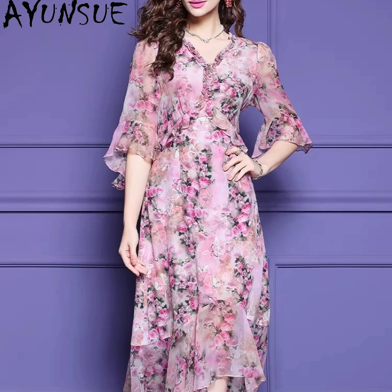 

AYUNSUE 100% Real Mulberry Silk Party Dress Elegant Dresses for Women High-end Summer Woman Clothes 2026 Print Платье Женское