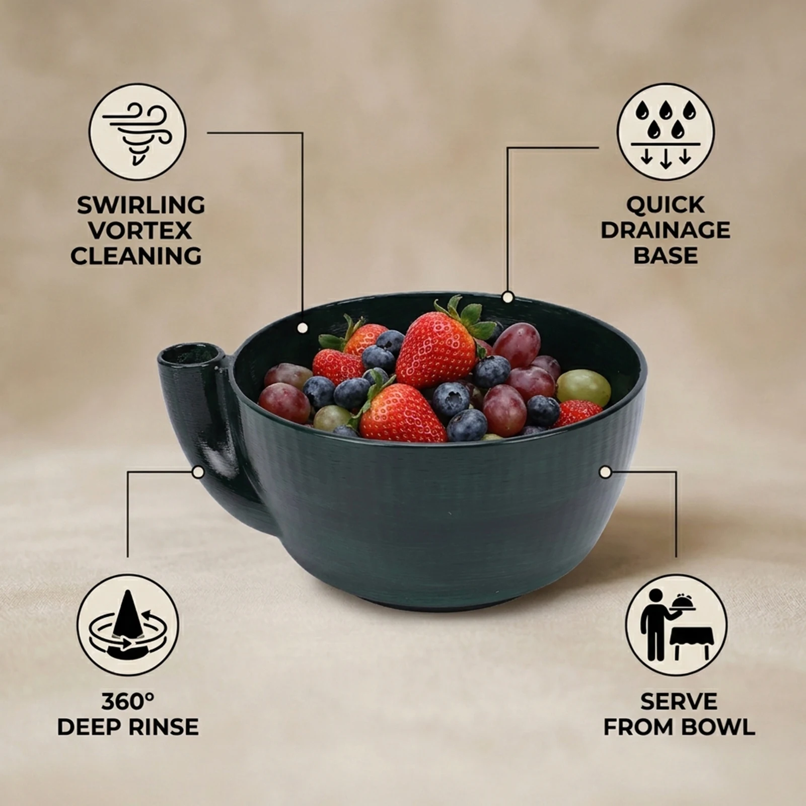 Berry Washing Bowl Self Rotating Fruit Vegetable Washing Colander with Built in Drain Base 360 Degree  Cleaning for Strawberries