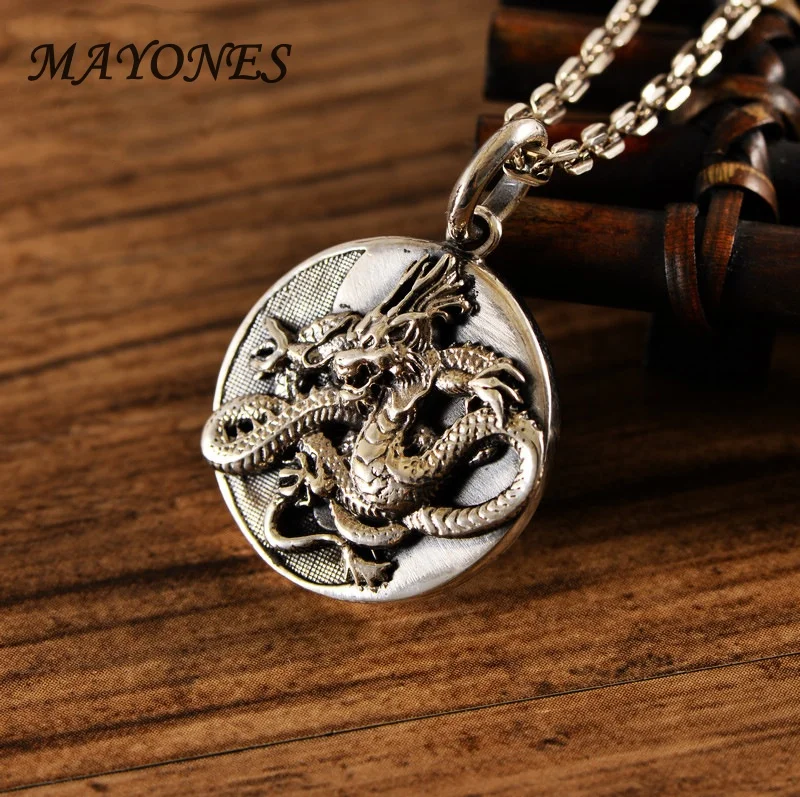 S925 Silver Jewelry Vintage Thai Silver Four Divine Beasts Dragon Pendant Male Bagua Spirit Beast Round Card Zodiac Necklace Gif