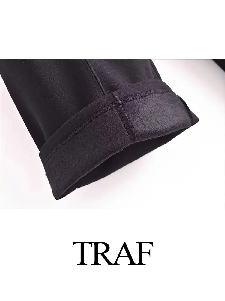 TRAF 2023 Winter Women\'s Fashion Sets 2 Piece Fleece Sweatshirt Lined Stretch Bomber Jacket + High Waist Wild Female Pants