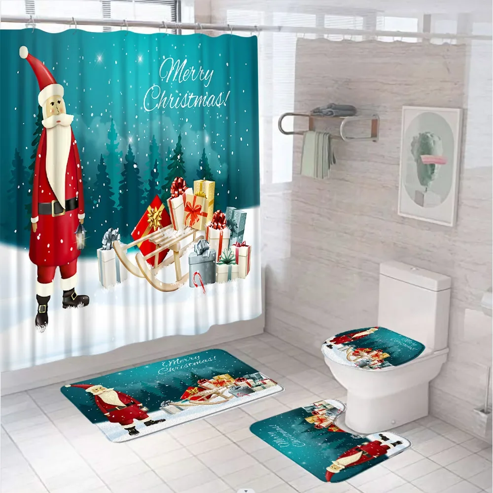 Christmas Santa Claus Gift Shower Curtain Set Xmas Tree Forest Winter Cedar Bathroom Decor Bath Mat Carpet Rug Toilet Lid Cover